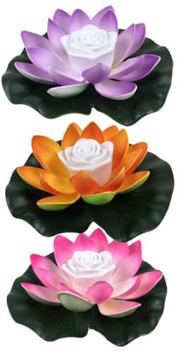 OSALADI Lot de 3 lanternes LED de lotus artificielles, nénuphars flottantes, fleurs de lotus, feuilles de lotus, bougies lumineuses, éclairage d'étang pour piscine, étang, jardin
