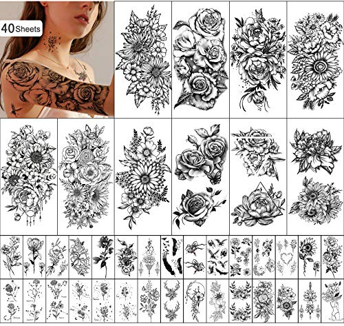 Wasserdichtes Temporäres Tattoo für Frauen und Mädchen 10 Blatt Extra Größer und 30 Blatt winzig Gefälschte Tattoo-Aufkleber-Kits für Partydekoration
