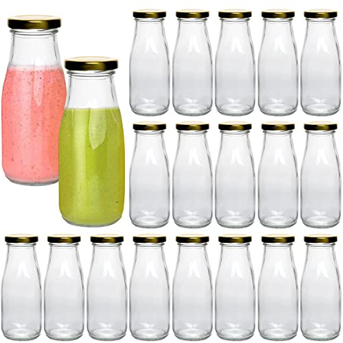 QAPPDA 12 oz Glass Bottles, Clear Glass Milk Bottles with Gold Metal Lids, Vintage Breakfast Shake Clear Container, Vintage Drinking Bottle with Whiteboard Labels and Pen for Party,Kids,Set of 20