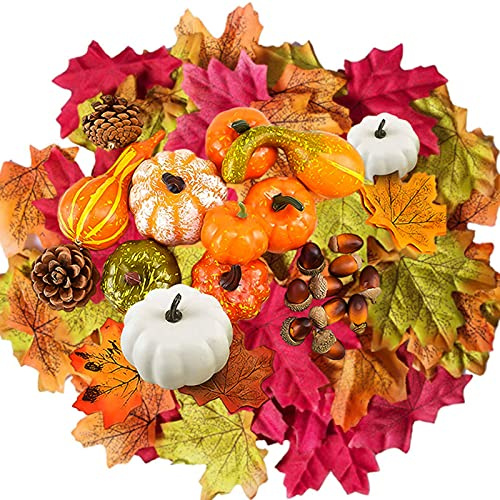 126 Pièces Decoration Automne de Citrouille Artificielle,Halloween Decoration Exterieur Interieur Table,Ensemble Feuille d'érable Citrouille Glan Cônes de Pin Artificielle pour Thanksgiving,Mariage