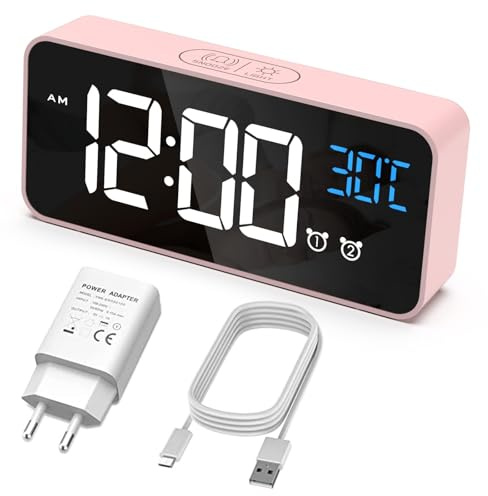 HERMIC Wecker Digital, LED Digitaluhr mit Temperaturanzeige Tragbarer Spiegelalarm Tischuhr mit 2 Alarmen 10 Alarmtöne USB Wiederaufladbar 4 Helligkeit und 3 Lautstärke Regelbar, Rosa