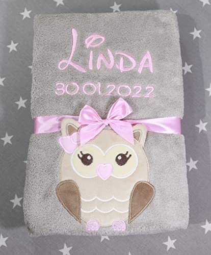 Babydecke mit Namen und Datum bestickt Baby Geschenke Geburt (Grau - Eule)