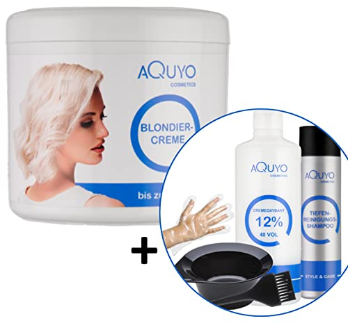 Blondiercreme Set mit Cremeoxydant 12% (500ml) + Handschuhen, Färbeschale, Färbepinsel und Tiefenreinigungsshampoo - zum blondieren oder aufhellen der Haare | Blondierung bis zu 9 Stufen heller weiß