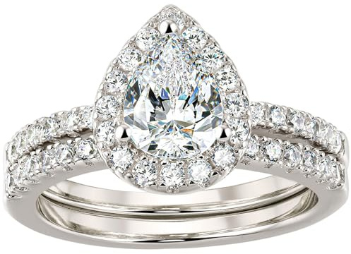SweetJew 1.78ct Cubic Zirconia Women's Wedding Rings Silver Plated | Bridal Set 14k White Gold & Silver Plated Pear Shaped AAAAA CZ Engagement Anniversary Size H-Z