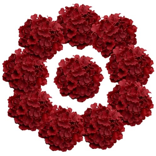 DH EYB Lot de 10 fleurs d'hortensia artificielles en soie avec tige pour mariage, fête prénatale, décoration de fête (bordeaux)