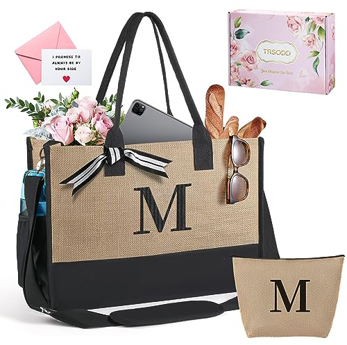 TRSODD Große Tragetasche mit Blumenmuster, Can-Vas, Strandtasche mit Make-up-Tasche, Stickerei-M, Large