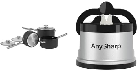 Ninja ZEROSTICK Stackable Cookware 3-Piece Pan Set, Non-Stick, 3 Saucepans, 16cm, 18cm and 20cm & AnySharp Knife Sharpener, Hands-Free Safety, PowerGrip Suction, Safely Sharpens All Kitchen Knives