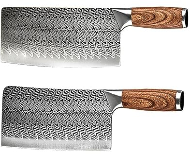 Ensemble de couteaux de chef professionnel Damas - Couteau de cuisine en acier inoxydable for viande, poisson, légumes - Couperet de boucher et couteau à trancher - Manche en bois