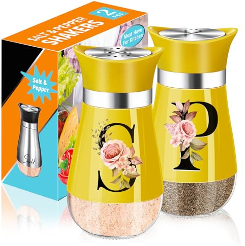 H&Foumre Salt and Pepper Shakers Set,4 oz Glass Bottom Salt Pepper Shaker with Stainless Steel Lid for Home Kitchen, Restaurant, Picnic, RV, Camp,BBQ (Yellow)