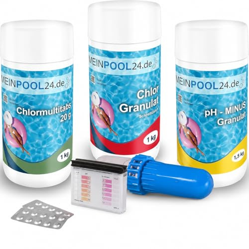 Pool-Starter-Set bestehend aus Chlorgranulat, Chlormultitabs, ph-Minus, Dosierschwimmer, 1 Wassertestkit pH/Cl, Wasserpflegeanleitung