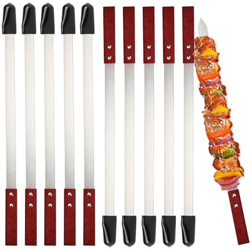 10 spiedini piatti in acciaio inox con manici in legno, 60 cm, riutilizzabili, per barbecue Adana Kebab