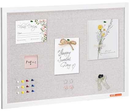 VEVOR Tableau en liège blanc avec surface en lin, 762 x 508 mm, tableau d'affichage mural élégant avec cadre en bois blanc, tableau d'affichage élégant et fonctionnel pour maison, école et bureau