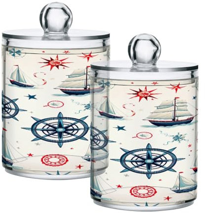 Cgiub Confezione da 4 contenitori Qtip con timone per barca a vela, in plastica trasparente, con coperchio, per accessori da bagno, organizer per cotton fioc, palline, tamponi, filo interdentale