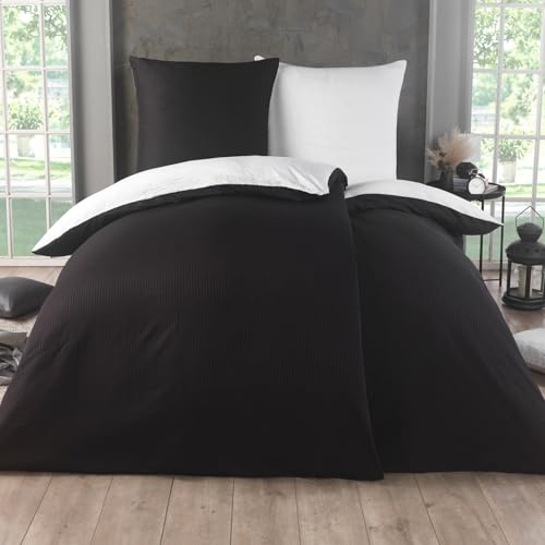 Kuscheli 4 teilig Dreamhome Uni fein Seersucker Wende Bettwäsche Bettbezug für Bettdecke Kissenbezug 80x80, Farbe:SCHWARZ-WEIß, Größe:2X 135x200 + 2X 80x80 cm