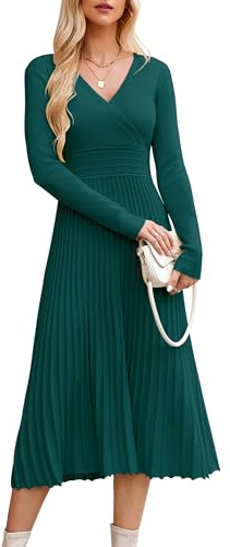 OUGES Strickkleid Damen Herbst 2025 Midi Plissee Langarm Winterkleider V-Ausschnitt Casual Herbstkleid Umstandskleider