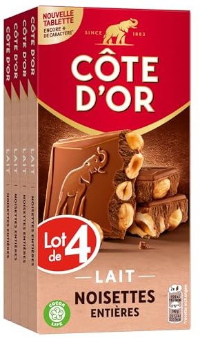 CÔTE D'OR - 4 Tablettes Côte d'Or Bloc Chocolat au Lait et Noisettes Entières 180g - Chocolat au Lait et Noisettes Entières - Lot de Tablettes de Chocolat - Lot de 4x180g