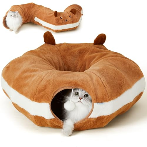 FUKUMARU Katzentunnel Rund Mit Schlafplatz, Donut-Katzen-Tunnelspielzeug， Katzenversteck interaktive Spielzeuge, zusammenklappbar und waschbar, Medium