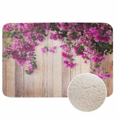 Lungtao Tappetino da bagno rosa con motivo floreale di bouganvillea marrone, tappetino da bagno con fondo in legno marrone, tappetino da bagno con retro in gomma antiscivolo, per vasca da bagno,