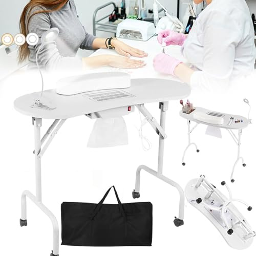 Table à Ongles, Table Manucure Pliable Table Manucure Avec Aspiration 90x44x72cm Table Manucure Avec Aspirateur à Ongles Table Manucure Mobile Avec Lampe à Ongles à Clip LED USB Variable Sac Transport