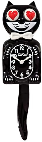 Kit Cat Klock Klassische Schwarze Uhr mit Herzaugen – ikonische Katzenuhr mit beweglichen Herzaugen und Schwanz, batteriebetriebene Wanduhr, perfekt für Heimdekoration, Moderne