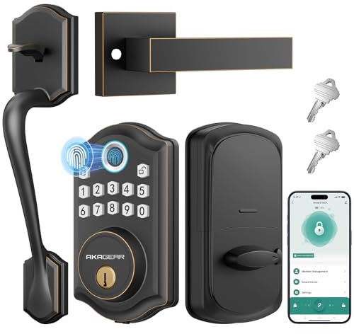 AkaGear DS10 Pro Keyless Entry Door Lock with Handle Set, Smart Front Door Locks Set, Electronic Keypad, Fingerprint Deadbolt, Bluetooth APP Control, Auto-Lock & One Touch Locking, Oil Rubbed Bronze