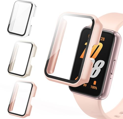Tuocal 3 Pack PC Case Compatible with Samsung Galaxy Fit 3 Screen Protector | Tempered Glass Thin HD Full Coverage Hard PC Bumper Cases Scratch Resistant Protective Cover Beige Cherry Clear
