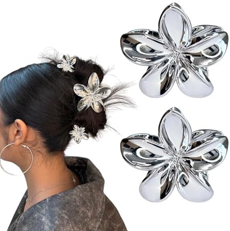 Silber Haarschmuck für Damen - 2x 4 cm Blumen-Haarklammern und Haarspangen für Mädchen | Eleganter Flower Hair Clip für extra Volumen
