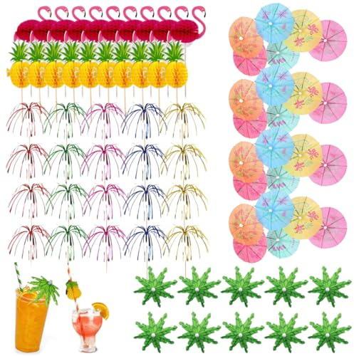 ZILZUFA 70 Stück Cocktail Deko, Drink Dekoration Spieße 3D Flamingo Deko, Cocktailschirmchen, Cocktail Feuerwerk, Ananas Palme Geeignet für Partys Geburtstagsbars Getränke Deko Cocktail