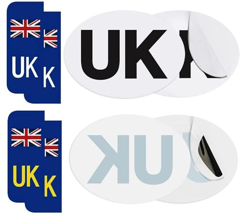Kinoco UK Car Stickers Set, 8 Pieces, Union Jack Design, 2pcs Self-Adhesive and 2pcs Electrostatic Stickers, 4Pcs Self-Adhesive UK Number Plate Stickers