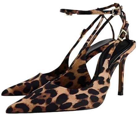 CRETUAO Scarpe da Donna con Tacco a Spillo, Stile Leopardato, Stile retrò, a Punta, con Fibbia e Cinturino alla Caviglia, Sexy, da Sera, per Abiti da Sposa e da Festa,Leopardo,37 EU