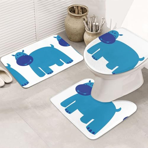 Set di 3 tappeti da bagno, ultra morbidi, antiscivolo, tappetino da bagno assorbente, grazioso ippopotamo, vasca da bagno, doccia