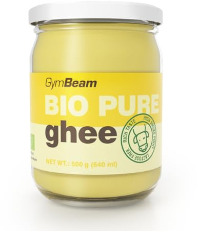 GymBeam - Ghee Puro BIO - Burro Chiarificato Senza Lattosio - Sostituto di Burro o Olio, Alta Qualità, Punto di Fumo 250°C, Lunga Conservazione, Non Refrigerato, Gusto Intenso, 500 g
