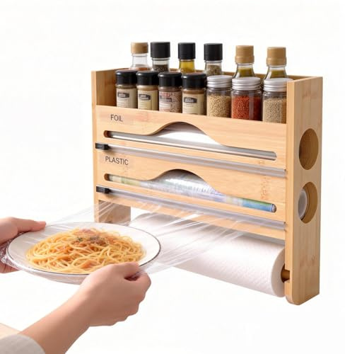 Küchenrollenhalter aus Holz, 3-in-1 Folienspender Wandmontage mit Cutter, Bambus Frischhaltefolienspender & Alufolie Halter für Küche, Papierhandtuchhalter mit Gewürzregal