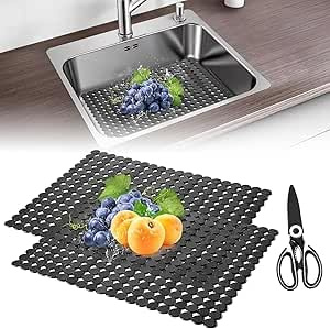 Tapis Evier Cuisine, Lot de 2 Tapis de Protection pour Évier en Silicone Découpable avec Ciseaux 30 x 40cm Tapis D'évier de Cuisine pour Éviers en Céramique/Acier Inoxydable Noir