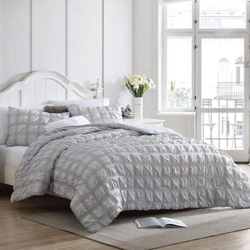 Tospass Seersucker Bettwäsche 135x200 2Teilig Grau Geprägt Gebürstet Microfaser Bettwäsche-Sets Weich Kuschelig, 1 Bettbezug 135x200 und 1 Kissenbezug 80x80 mit Reißverschluss