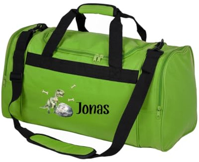 minimutz Sporttasche Kinder personalisiert Dino, Reisetasche T-Rex Jungen Mädchen groß, Kindersporttasche mit Name 26L (grün)