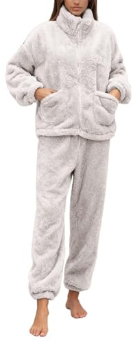 Pigiama da donna, invernale, in pile a collo alto, set di pigiama da donna, pilou pilou loungewear chic, giacca con cerniera, camicia a maniche lunghe e pantaloni da notte caldi set 2 pezzi top e
