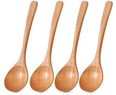cucharón Juego de 4 cucharas soperas madera haya for servir fideos grandes, ramen y arroz Cucharones para sopa