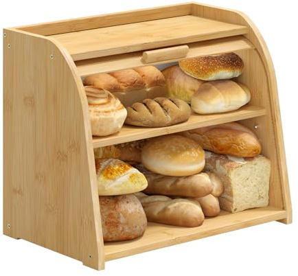kiplant Bread Box for Kitchen Countertop, Large Bamboo Wood Bread Box, Wooden Corner Bread Storage Capacity
