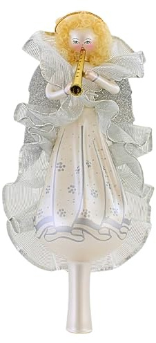 De Carlini Italian Ornaments Angel W/Trumpet Glass Tree Topper 600M2 Finial Lightly Glittered 12.00In (1Pc)