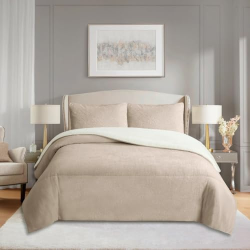 FLORA CASA Couette Hiver 2 Personnes, Edredon,Couverture Chaude Laine & Sherpa Polaire 4.5kg, 260x240 cm avec 2 Taies d'oreiller 50x70 cm, Taupe (Taupe, 2 Personnes (240x260+2x50x70cm))