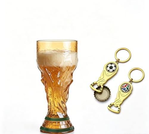 Jarra de cerveza de fútbol de 500 ml, juego con 2 abrebotellas, llavero, vaso de cerveza, diseño de copa de cerveza, aspecto de metal con asa, artículo para fans de fiestas públicas, regalo para
