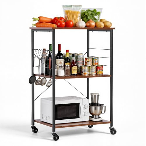 VEVOR Kitchen Utility Cart, 3 Tier 23.7 in Microwave Stand Coffee Cart, Heavy Duty Storage Rack, Service Trolley on Wheels, Industrial Rolling Work Table with 8 Hooks, for Mini Oven, Toaster, Vintage