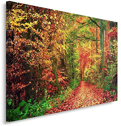 Feeby, Wandbild - 1 Teilig - 40x60 cm, Leinwand Bild Leinwandbilder Bilder Wandbilder Kunstdruck, Wald, BÄUME, Natur, Herbst, BÄUME, BLÄTTER, Landschaft, GRÜN, ROT