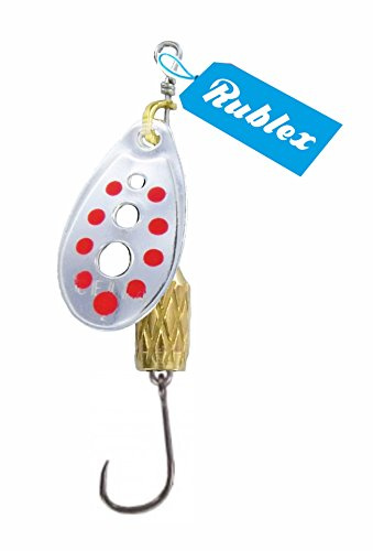 Rublex - Pack de 5 Cucharillas de Pesca C-Turbo-2 APR | Cebo Artificial de Pesca con Anzuelo Simple sin Muerte, Sistema de Clip y Acción de Giro Mejorado, Plata Puntos Rojos, 3'5gr