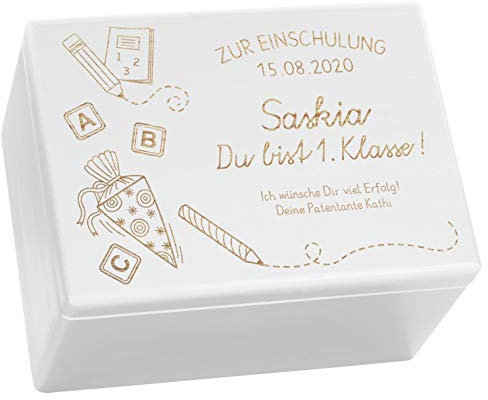 LAUBLUST Holzkiste mit Gravur - Personalisiert mit Datum | Name | WIDMUNG - Weiß, Größe XL - Schultüte Motiv - Geschenkkiste zur Einschulung, FSC®