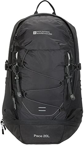 Mountain Warehouse Pace 20L Rucksack - Hydration Compatible Backpack, Airflow Back System Rucksack, Packaway Rain Cover - Bag for Travelling, Hiking, Camping Black