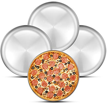 Deedro Pizza Baking Pan Pizza Sheet, 10 inch Stainless Steel Pizza Tray Round Pizza Oven Pan for Home Restaurant Pizzeria, Nontoxic & Heavy Duty, Easy Clean & Dishwasher Safe, Set of 4