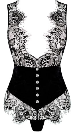LOVE YOU SEXY Lingerie da donna in pizzo, body misto seta, scollo a V profondo con bottoni lucidi body aperto sul davanti, nero, L