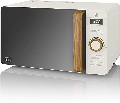 Swan Nordic Microondas digital 20L, 6 Niveles Funcionamiento, 800W Potencia, Temporizador 30 min, Fácil Limpieza, Modo Descongelar, Diseño Moderno, Tirador Efecto Madera, Blanco Mate